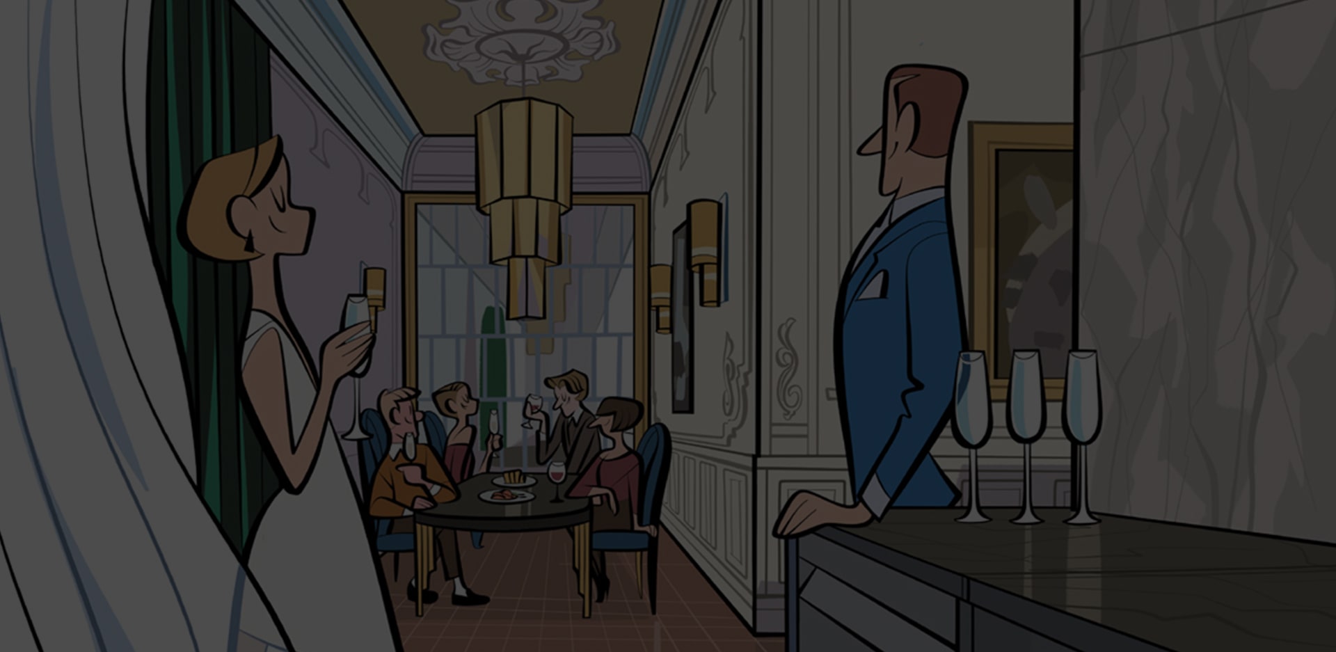 Illustration eines vornehmen Festmahls mit Gästen beim Speisen unter einem Kronleuchter.