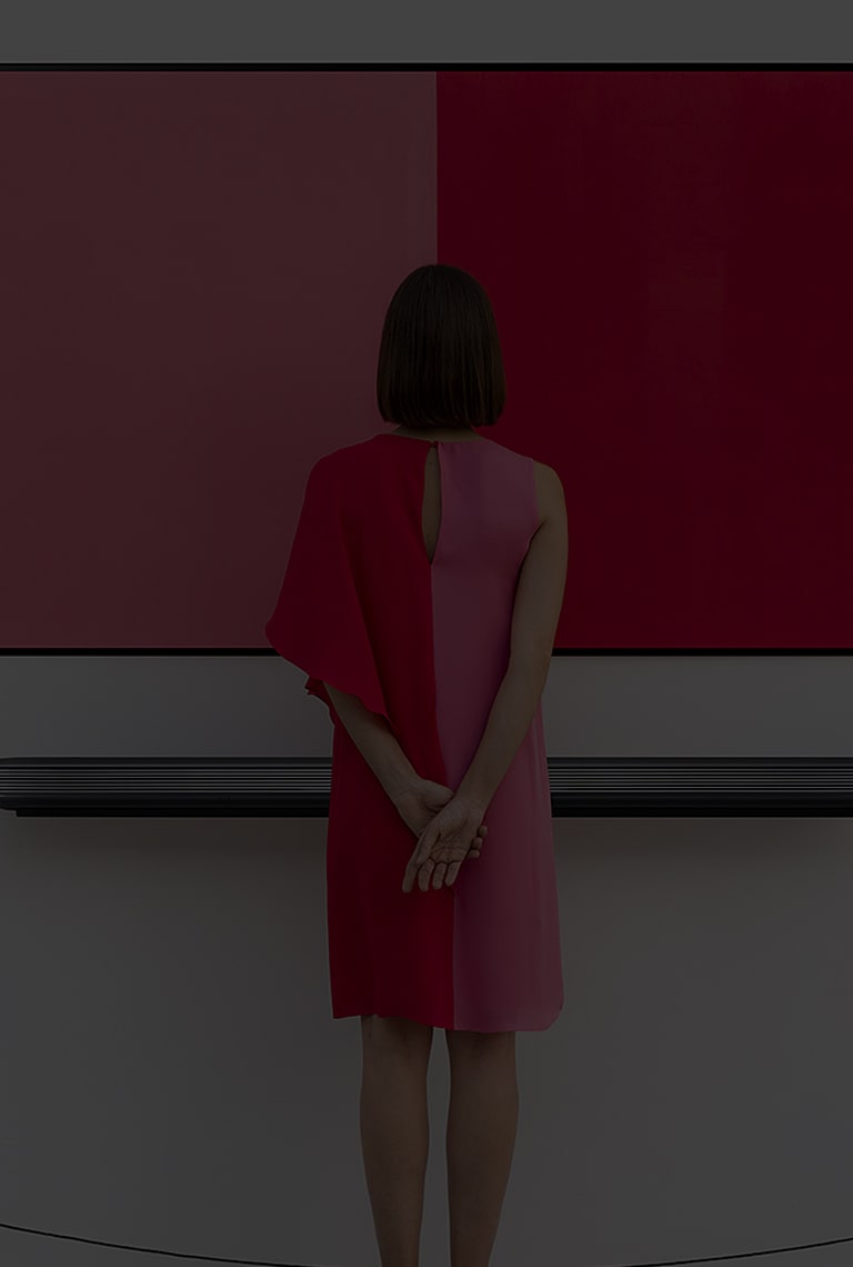 Jemand schaut sich das künstlerische Bild von dem lg signature Oled TV W an