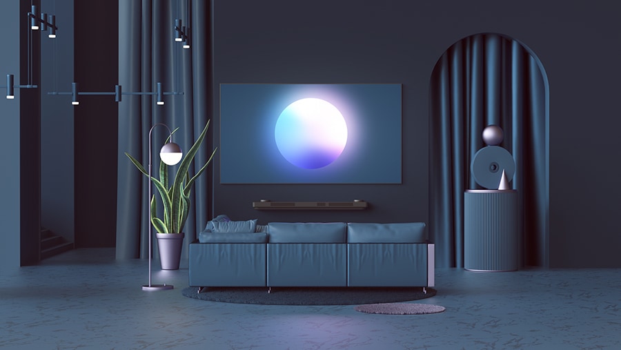 LG SIGNATURE OLED TV, an der Wand angebracht, in verdunkelter Atmosphäre.