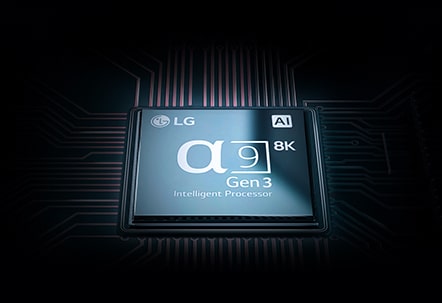 Nahaufnahme des Alpha 9-Chips des LG SIGNATURE OLED 8K TV.