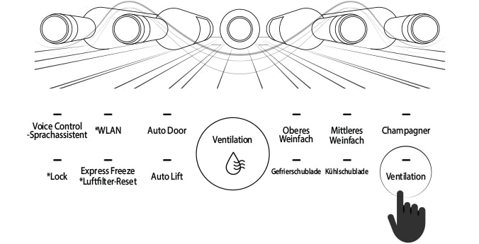 Die Abbildung zeigt eine Hand, die auf dem Glas-Touchdisplay des LG SIGNATURE Weinkühlschranks auf die Option „Ventilation“ drückt.