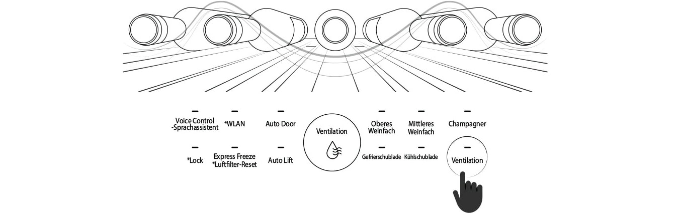 Die Abbildung zeigt eine Hand, die auf dem Glas-Touchdisplay des LG SIGNATURE Weinkühlschranks auf die Option „Ventilation“ drückt.