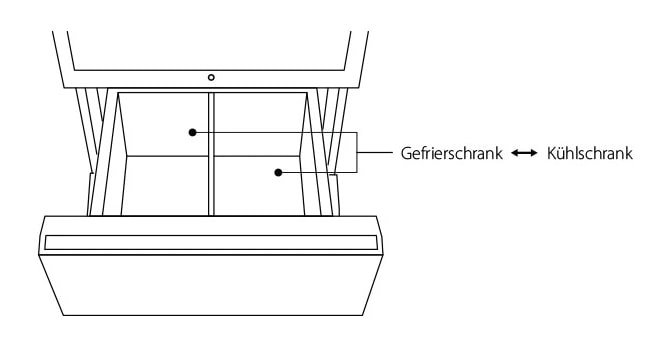 Abbildung, die die Aufteilung der Kühlschublade des LG SIGNATURE Weinkühlschranks in zwei Bereiche zeigt: Gefrier- und Kühlfach.
