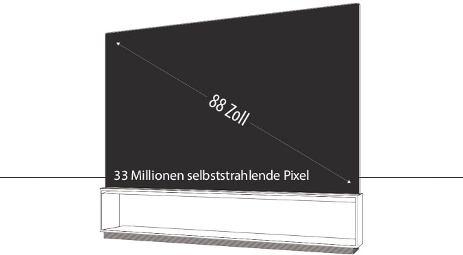 Ein Infografik-Bild von LG SIGNATURE 8K OLED TV Z9, das die Größe des gesamten Produktaufbaus zeigt