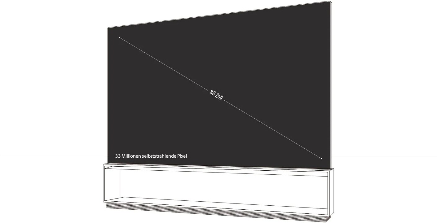 Ein Infografik-Bild von LG SIGNATURE 8K OLED TV Z9, das die Größe des gesamten Produktaufbaus zeigt