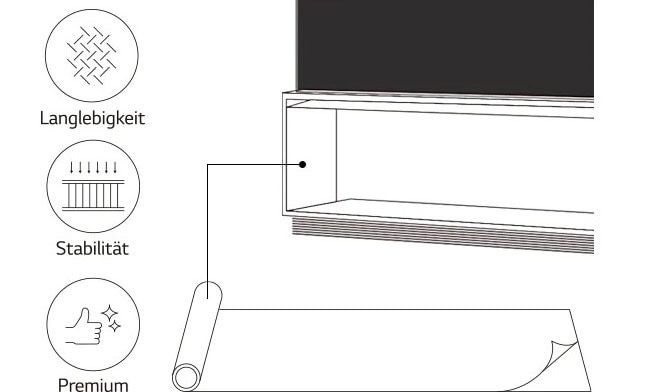 Bild, das erläutert, dass der Standfuß des LG SIGNATURE 8K OLED TVs aus Aluminium besteht und wie langlebig er ist