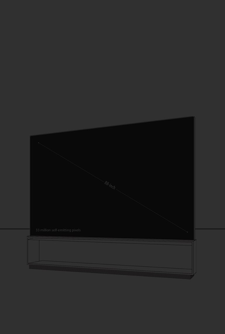 Ein Infografik-Bild von LG SIGNATURE 8K OLED TV Z9, das die Größe des gesamten Produktaufbaus zeigt