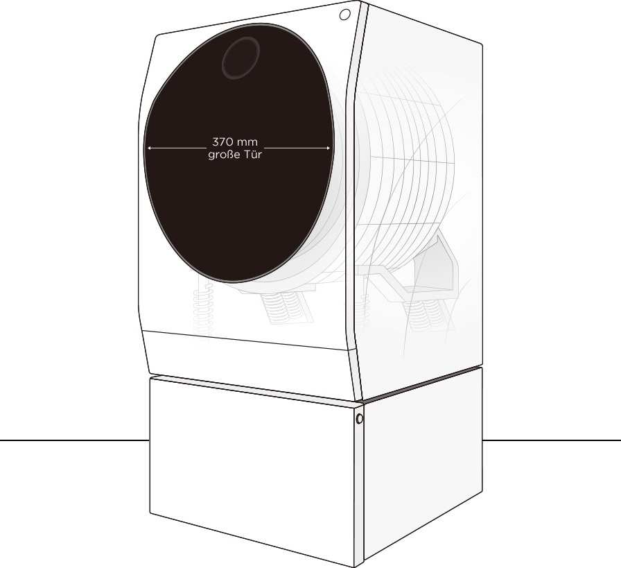 Ein Infografik-Bild des LG SIGNATURE Waschtrockners, das die Größe des gesamten Produktaufbaus zeigt