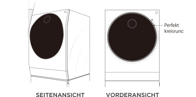 Seiten- und Vorderansicht des LG SIGNATURE Waschtrockners, welche die perfekt runde Tür zeigt