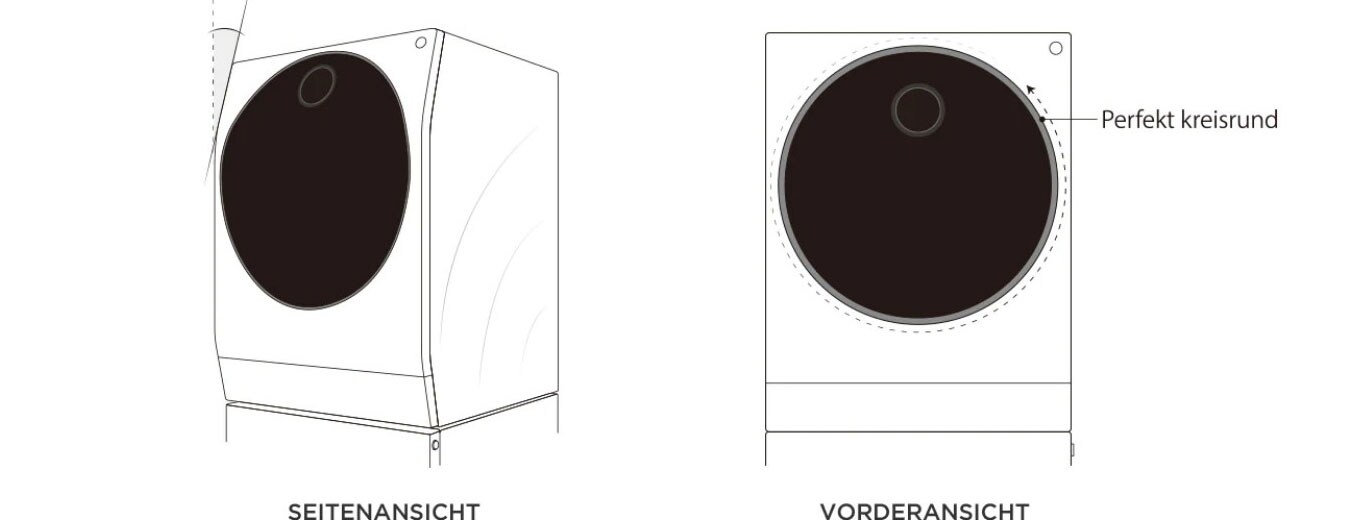 Seiten- und Vorderansicht des LG SIGNATURE Waschtrockners, welche die perfekt runde Tür zeigt