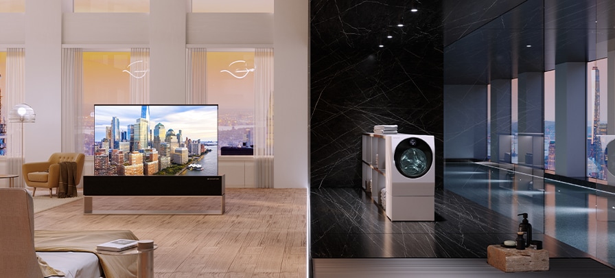 LG SIGNATURE OLED vor großen Fenstern mit Blick auf die Stadt. LG SIGNATURE TWINWash in einem dunklen Themenraum vor großen Fenstern mit Blick auf die Stadt.