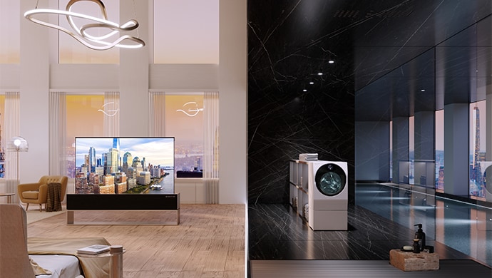 LG SIGNATURE OLED vor großen Fenstern mit Blick auf die Stadt. LG SIGNATURE TWINWash in einem dunklen Themenraum vor großen Fenstern mit Blick auf die Stadt.