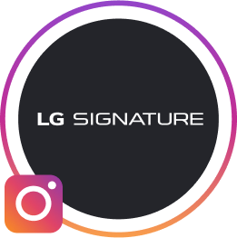 Das LG SIGNATURE Logo auf schwarzem Hintergrund, umgeben von einem Kreis mit dem Instagram Logo.