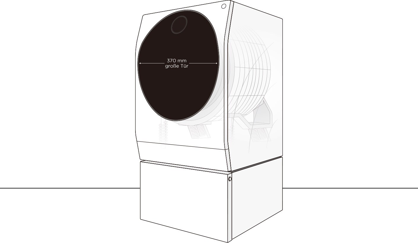 Ein Infografik-Bild des LG SIGNATURE Waschtrockners, das die Größe des gesamten Produktaufbaus zeigt