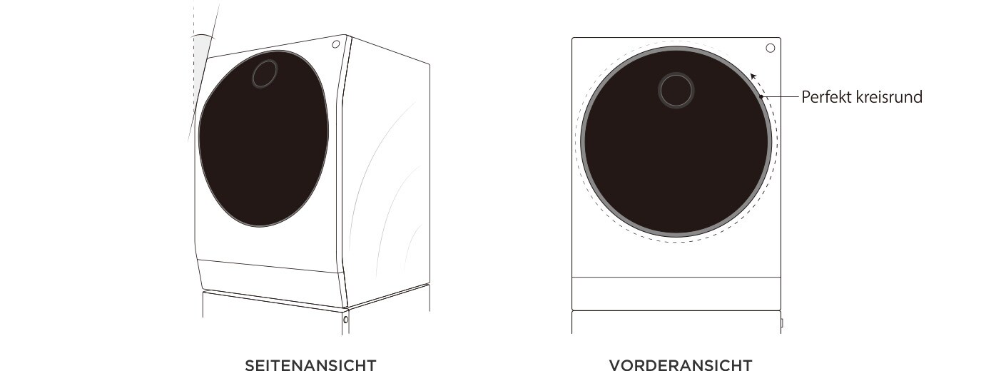 Seiten- und Vorderansicht des LG SIGNATURE Waschtrockners, welche die perfekt runde Tür zeigt