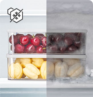 Sammenligning af beholdere med frossen frugt, med og uden frost.