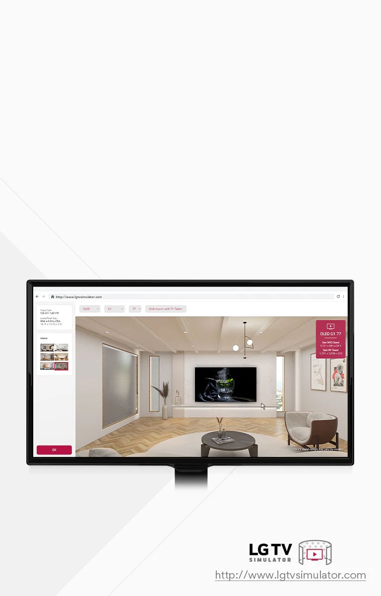 Dette er et forklarende billede af en simulering, så du kan placere  alle LG TV-modellerne i et virtuelt rum.