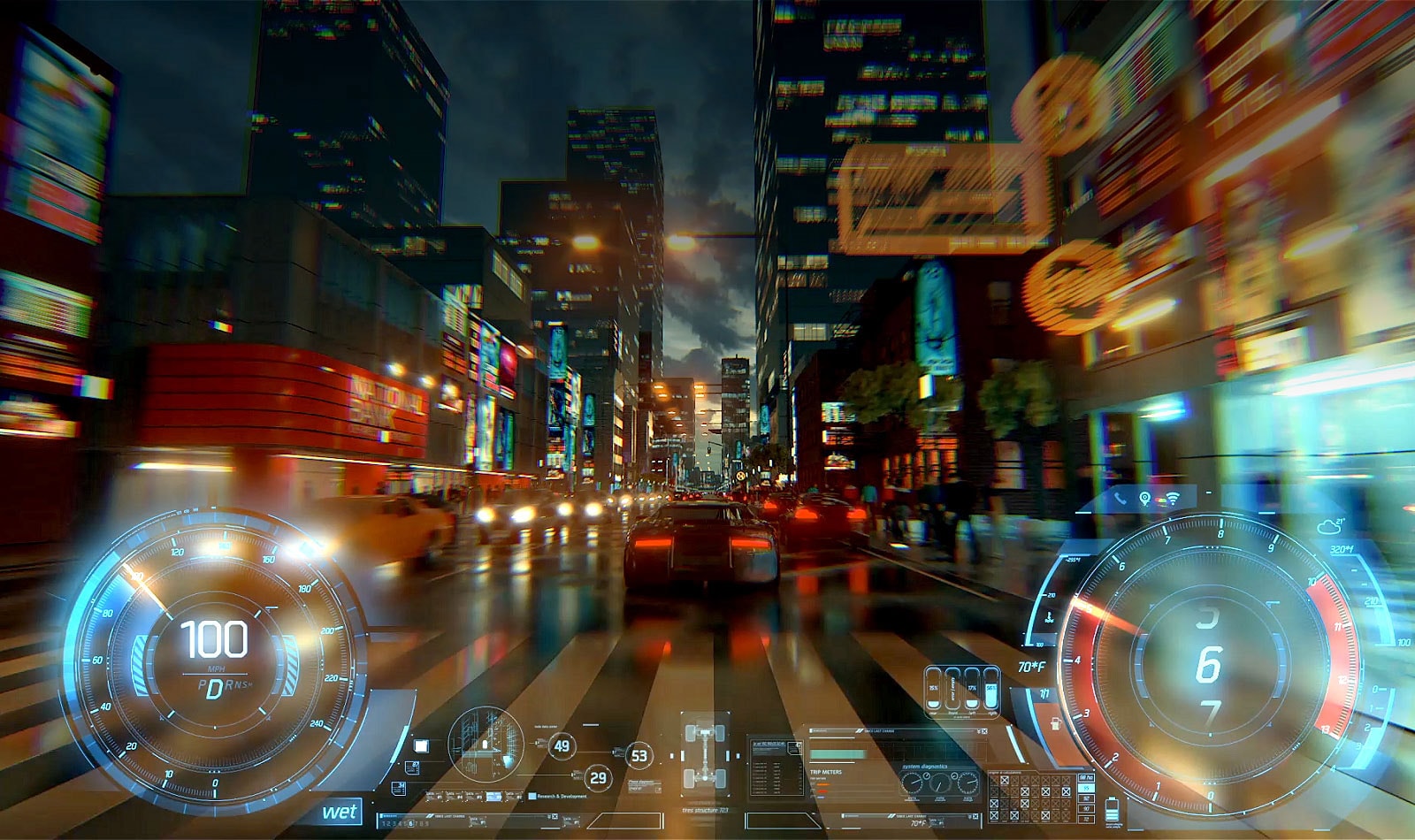 A video that follows a car from behind in a video game as it drives through a lit street at dusk.