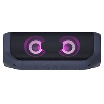Front view of LG XBOOM Go with purple lighting.1