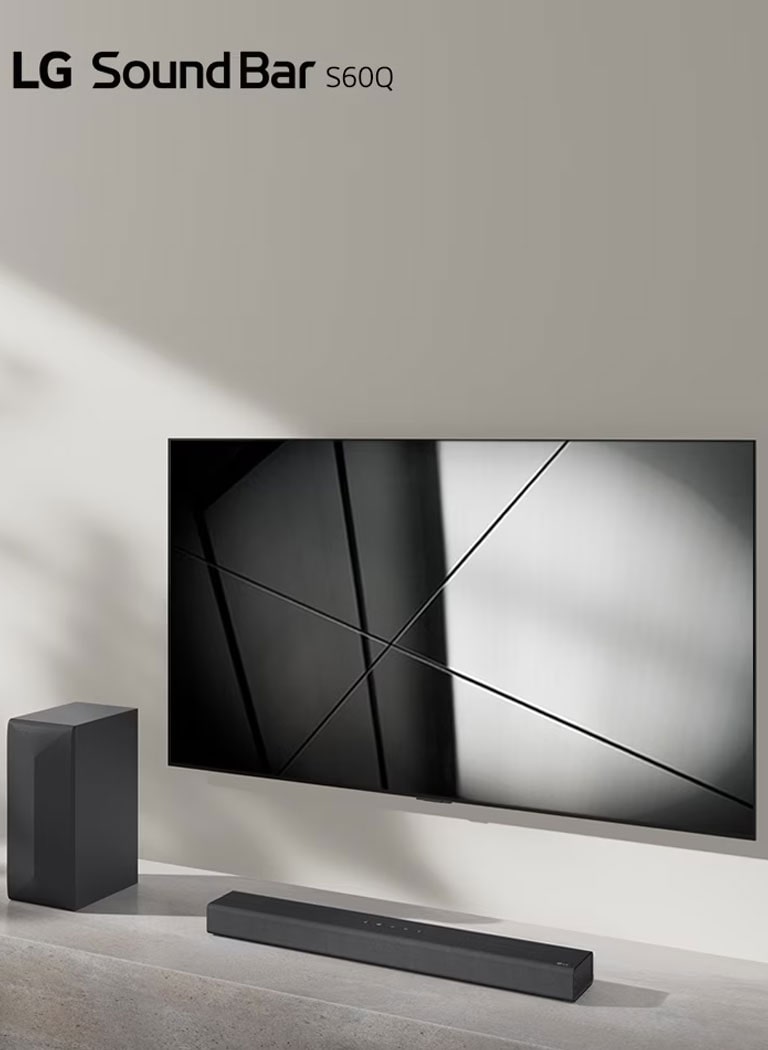 LG Soundbar S60Q og LG TV er placeret sammen i stuen. TV'et er tændt og viser et geometrisk billede.