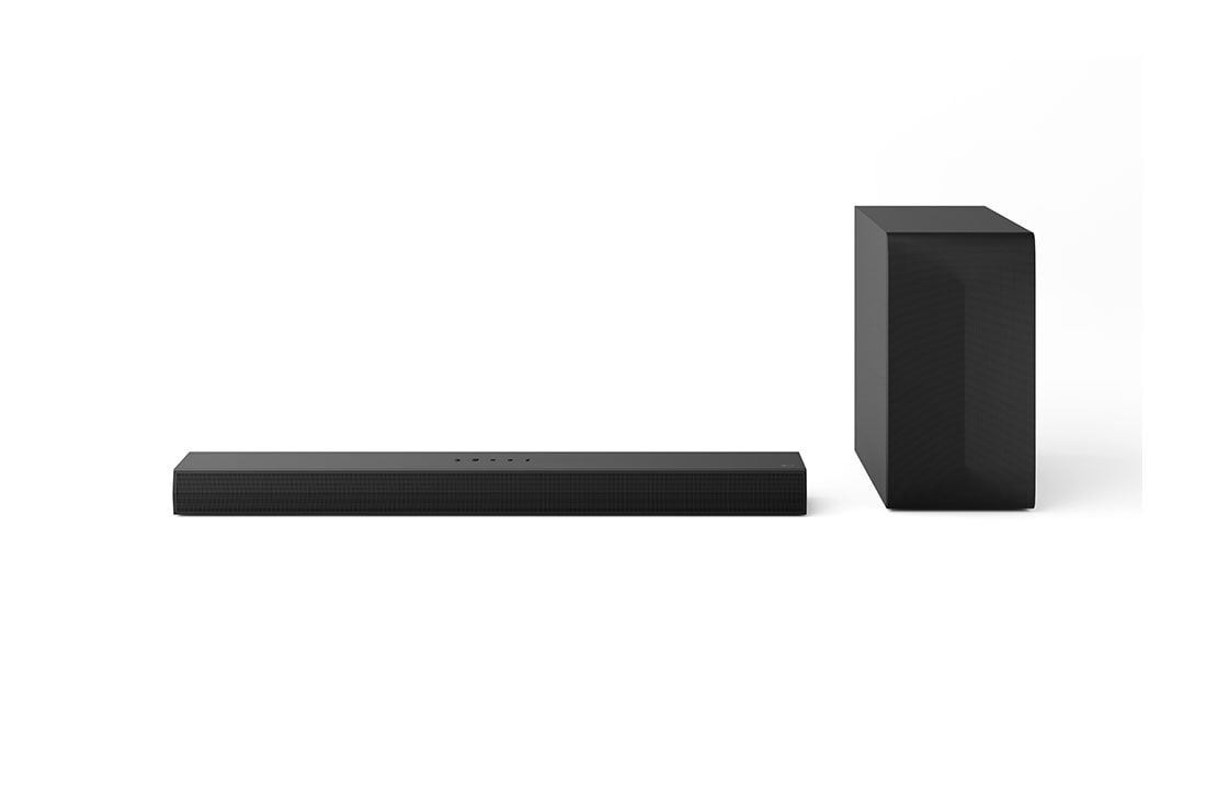 LG Soundbar til TV 3.1ch S60T, Visning forfra af LG Soundbar S60T og bashøjttaler, NS60T