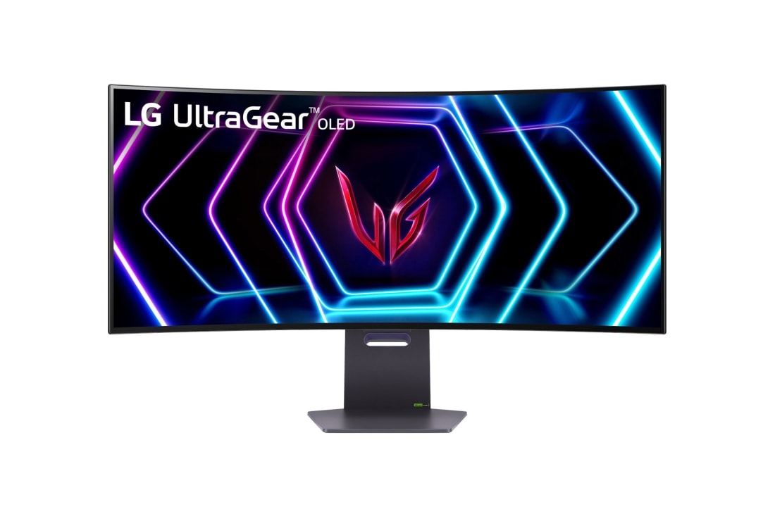 LG 39'' UltraGear™ OLED helt ny 800R kurvet gaming-skærm | 21:9 Ultra-WQHD 240 Hz, 0.03ms (GtG), DisplayHDR True Black 400, vist forfra, 39GS95QE-B