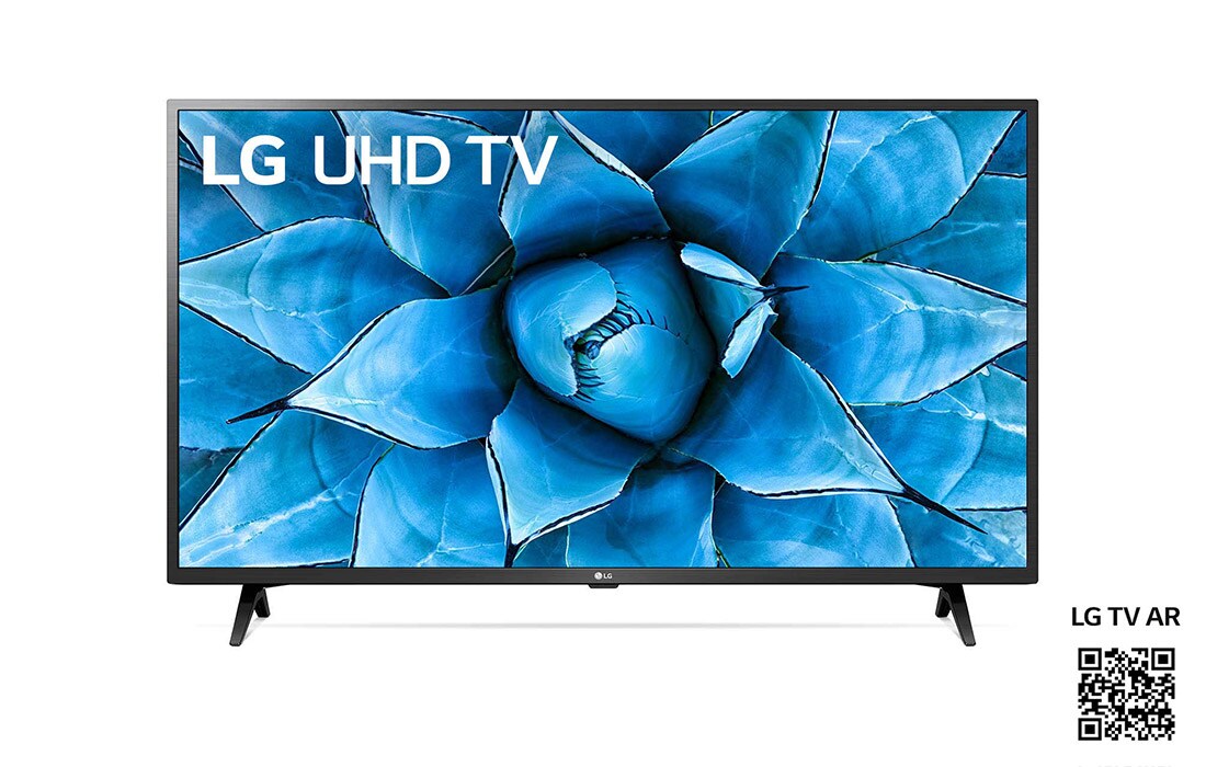 LG UN73 43 inch 4K Smart UHD TV, set forfra med indlejret billede, 43UN73006LC