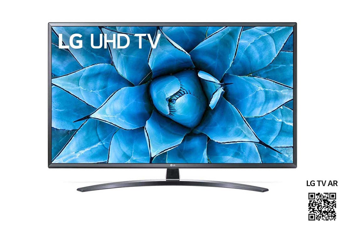 LG UN74 49 inch 4K Smart UHD TV, set forfra med indlejret billede, 49UN74006LB