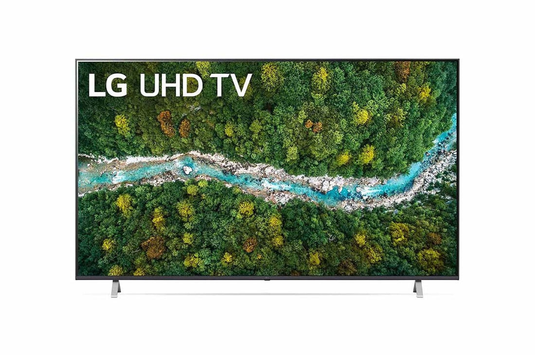 LG UP77 75'' 4K Smart UHD TV, vist forfra med infill-billede, 75UP77109LC