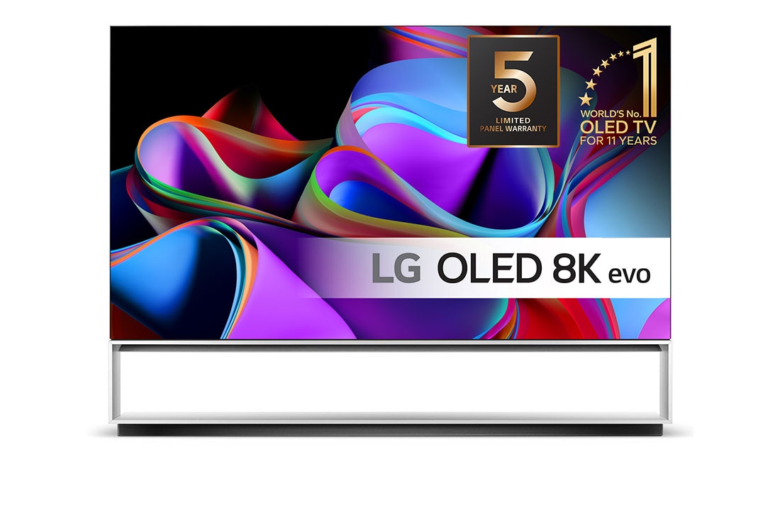 LG 88'' SIGNATURE OLED 8K - OLED Z3 (2023), Vist forfra med LG OLED 8K evo, 11 Years World No.1 OLED-emblem og 5-Year Panel Warranty-logoet på skærmen., OLED88Z39LA