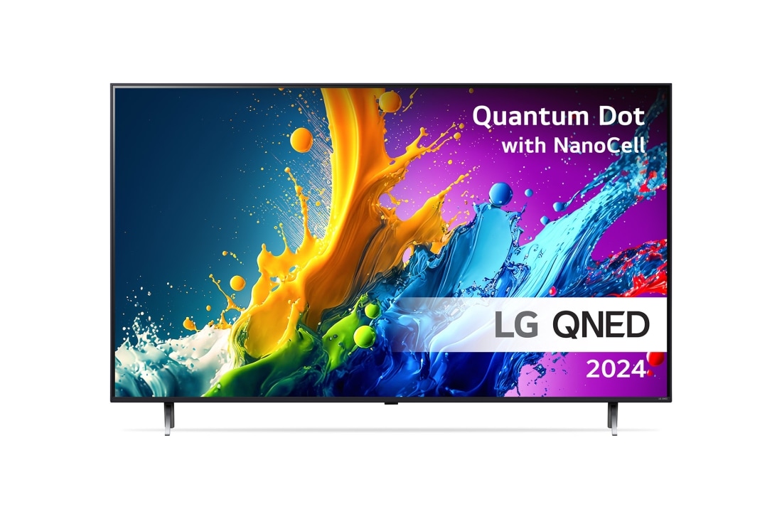 LG 75'' QNED 80 - 4K Smart TV (2024), LG NanoCell TV, NANO80 set forfra med tekst fra LG NanoCell, 2024, webOS Re:New Program-logo og Magic Remote på skærmen, 75QNED80T6A