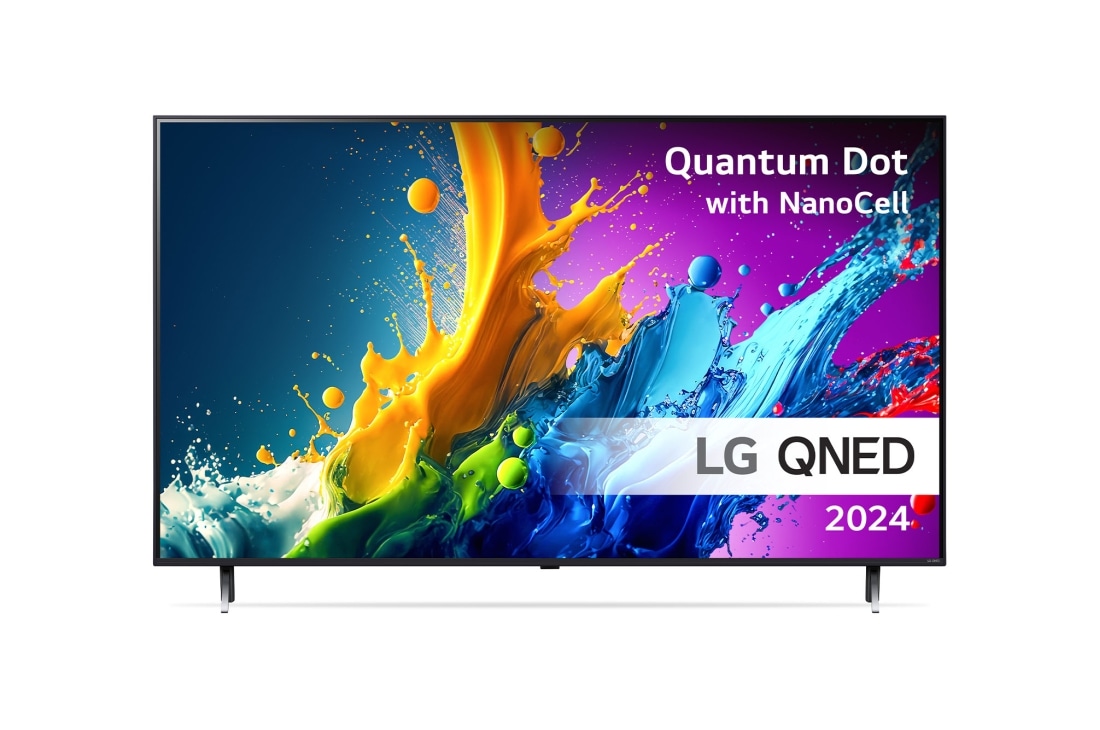 LG 43'' QNED 80 - 4K Smart TV (2024), LG NanoCell TV, NANO80 set forfra med tekst fra LG NanoCell, 2024, webOS Re:New Program-logo og Magic Remote på skærmen, 43QNED80T6A