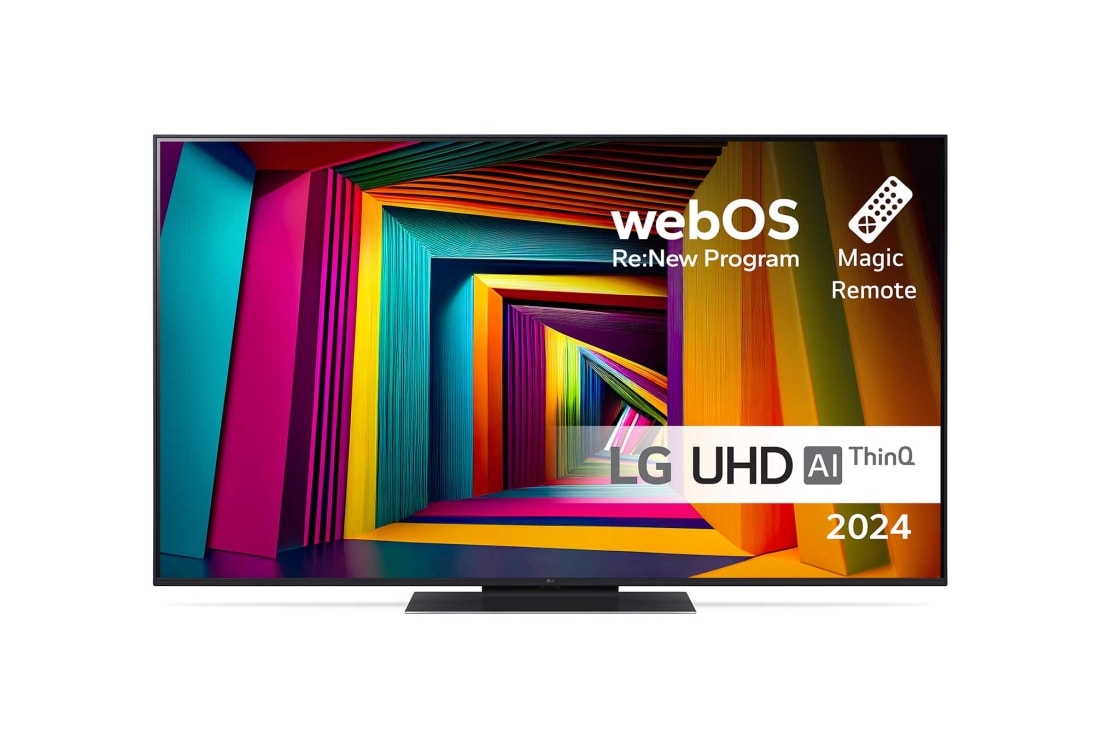 LG 55'' UHD UT91 - 4K TV (2024), Visning forfra af LG UHD TV, UT91 med teksten LG UHD AI ThinQ, 2024 og logoet for webOS Re:New Program på skærmen, 55UT91006LA