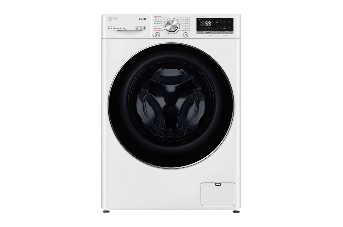 LG 7 kg / 5 kg Kombineret vaskemaskine/tørretumbler(Hvid) - Steam, Energiklasse E, TurboWash™, AI DD™, Smart Diagnosis™ med Wi-Fi, F2DV707S2WS
