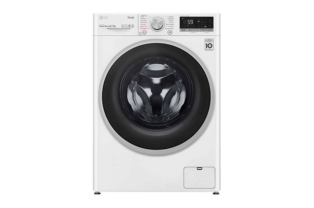 LG 8 kg / 6 kg Kombineret vaskemaskine/tørretumbler(Hvid) - Steam, Energiklasse E, AI DD™, Smart Diagnosis™ med Wi-Fi, front view, K4DV508S1WE