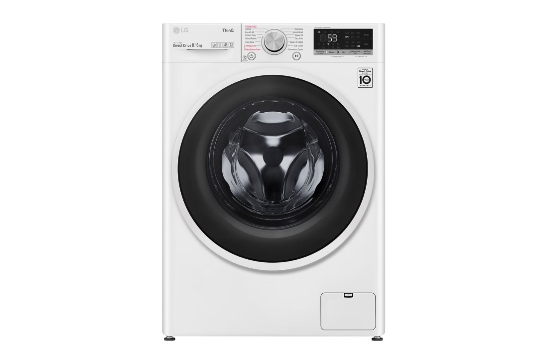 LG 8 kg / 6 kg Kombineret vaskemaskine/tørretumbler(Hvid) - Steam, Energiklasse E, AI DD™, Smart Diagnosis™ med Wi-Fi, F4DV508S0WE