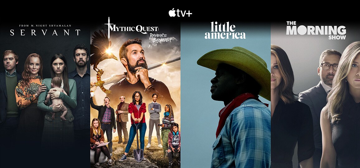 Apple TV+-logoet efterfulgt af fire lodretstående kort med titlerne Servant, Mythic Quest, Little America og The Morning Show