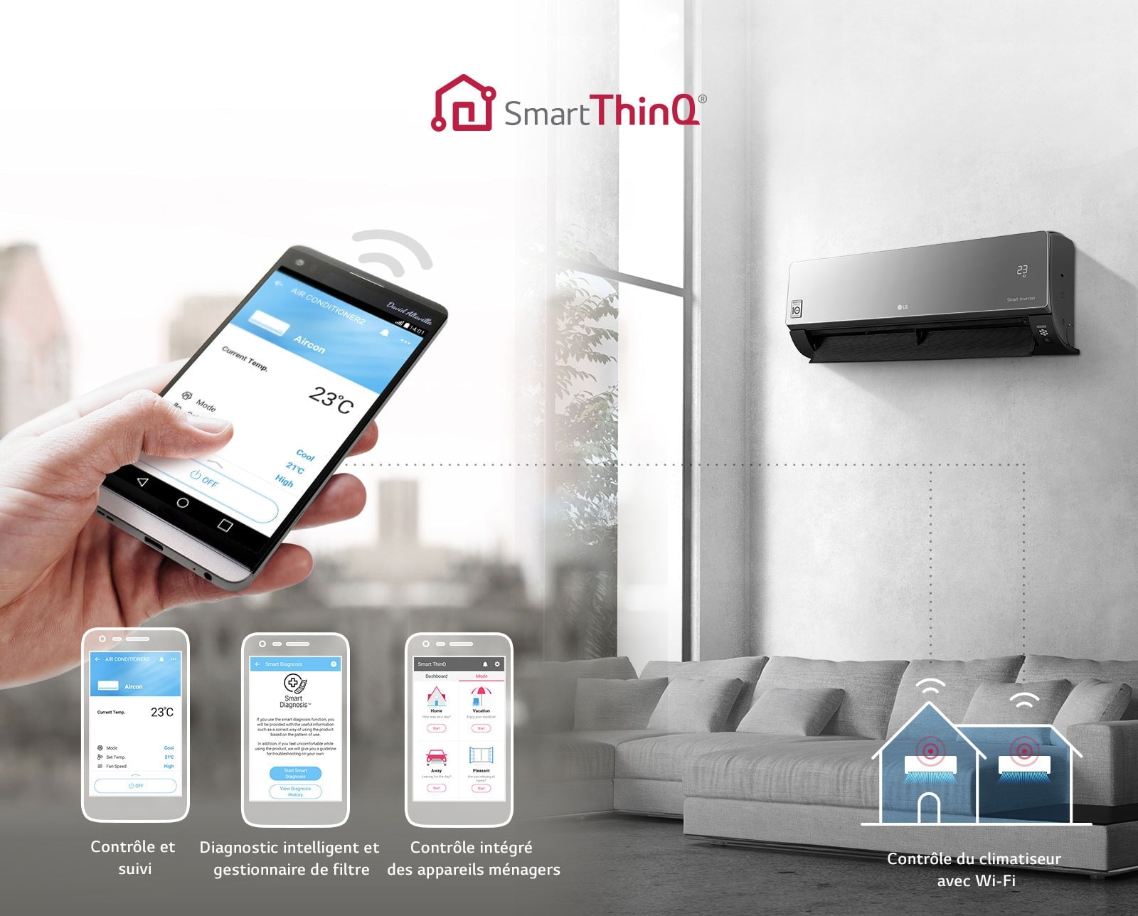 Accédez à votre climatiseur où que vous soyez et à tout moment au moyen d'un appareil équipé du Wifi et de l'application exclusive de contrôle d'appareils ménagers de LG.