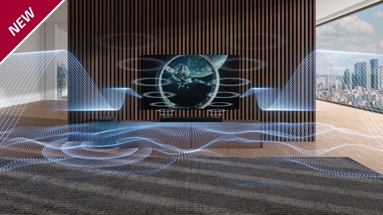 Des ondes sonores de couleur bleue aux formes variées sont émises par la barre de son et le téléviseur. La marque NEW est affichée dans le coin supérieur gauche.