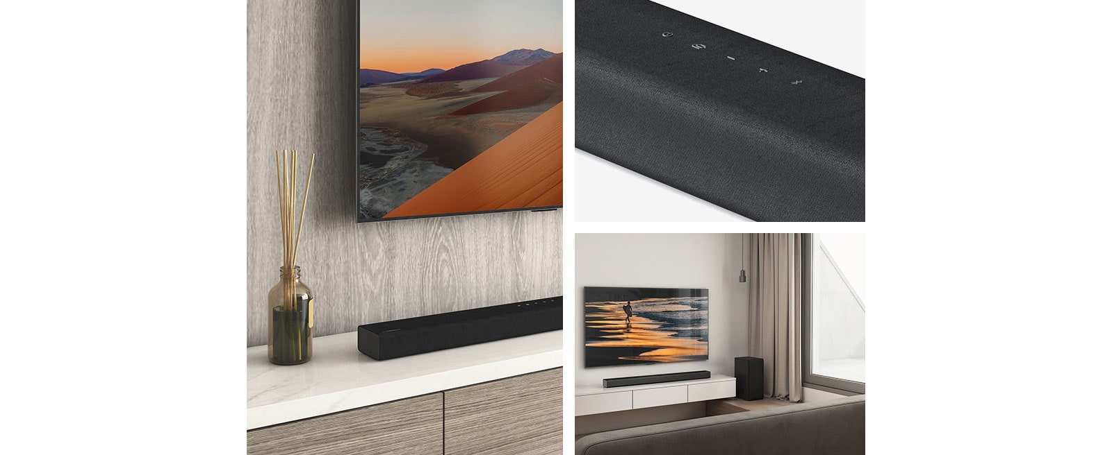 Dans le sens horaire de haut en bas : Gros plan TV et barre de son, gros plan sur la barre de son LG, un téléviseur LG montrant une plage au coucher du soleil, une barre de son LG et un caisson de graves installés dans le salon.