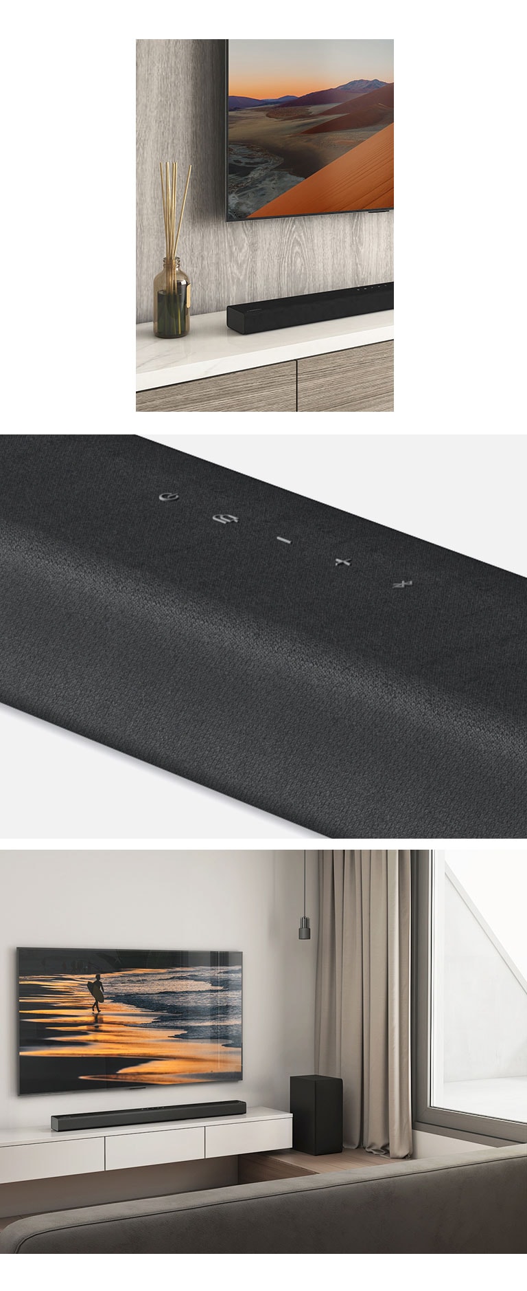 Dans le sens horaire de haut en bas : Gros plan TV et barre de son, gros plan sur la barre de son LG, un téléviseur LG montrant une plage au coucher du soleil, une barre de son LG et un caisson de graves installés dans le salon.