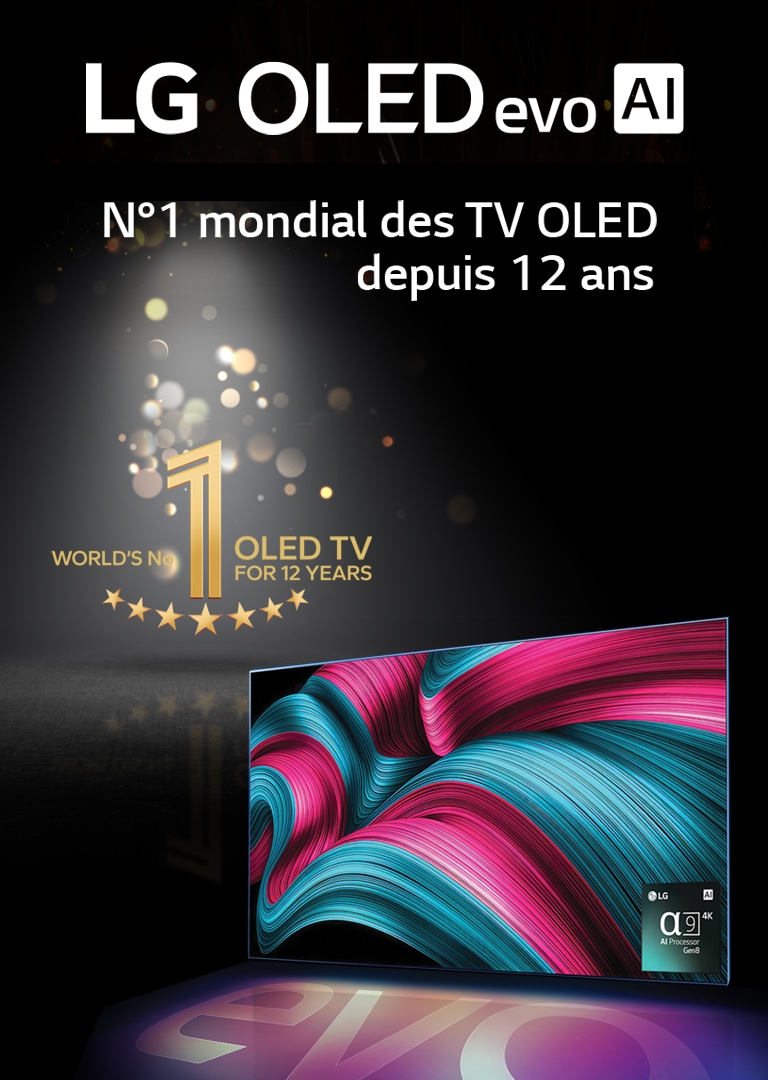 LG QNED TV sur un fond sombre et coloré. À l’écran se trouve une œuvre d’art lumineuse et colorée qui présente la technologie de couleurs QNED et la capacité d’afficher un large spectre de couleurs avec un contraste important. Le logo Toute nouvelle LG QNED evo AI est présent. Avec des sous-titres évoquant la MiniLED de QNED et le nouveau processeur IA alpha. Le titre dit : Chaque couleur est redéfinie, pour une nouvelle expérience.