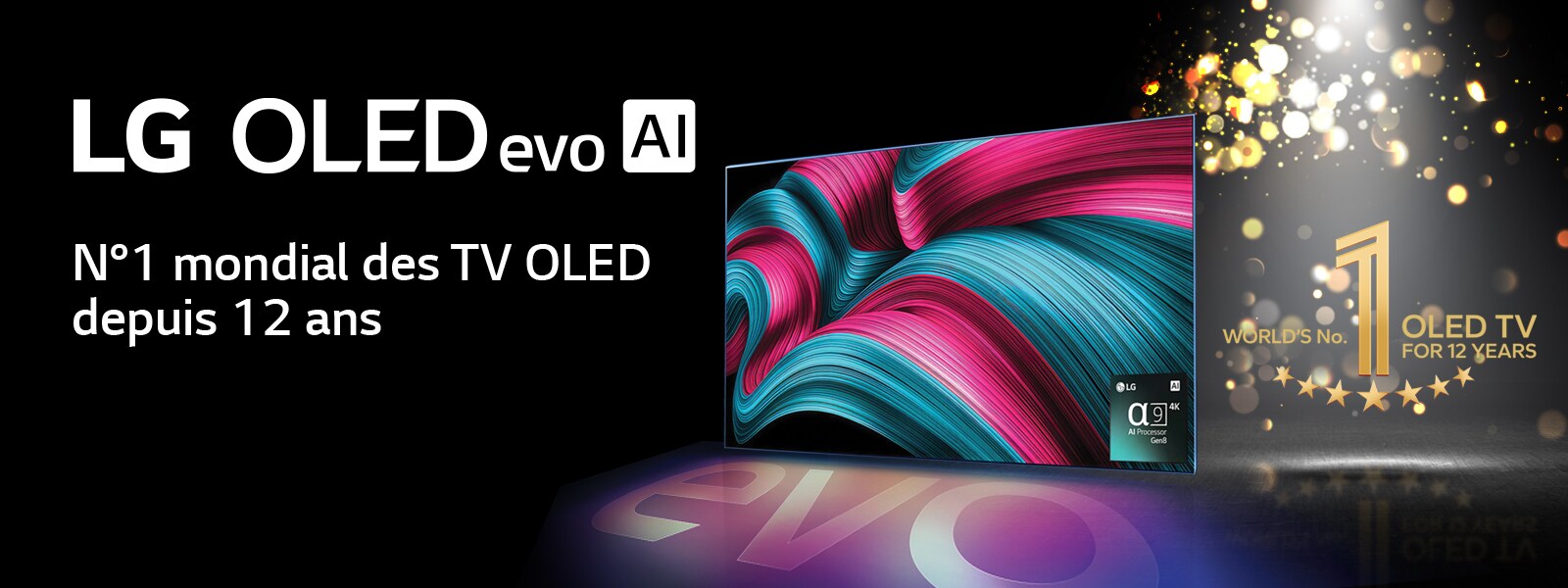 LG QNED TV sur un fond sombre et coloré. À l’écran se trouve une œuvre d’art lumineuse et colorée qui présente la technologie de couleurs QNED et la capacité d’afficher un large spectre de couleurs avec un contraste important. Le logo Toute nouvelle LG QNED evo AI est présent. Avec des sous-titres évoquant la MiniLED de QNED et le nouveau processeur IA alpha. Le titre dit : Chaque couleur est redéfinie, pour une nouvelle expérience.