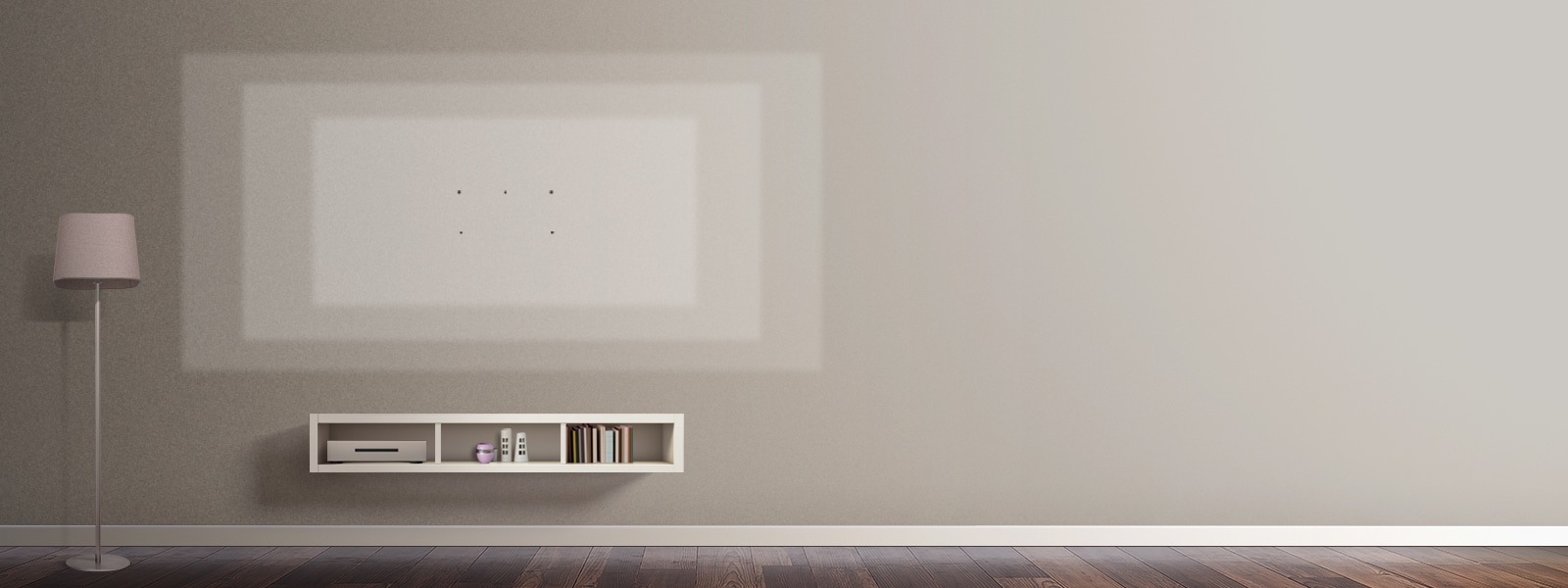 Des repères désignent les différents formats de téléviseurs ultra-larges sur le mur d’un salon décoré avec un support rose, des cadres et une table de téléviseur.