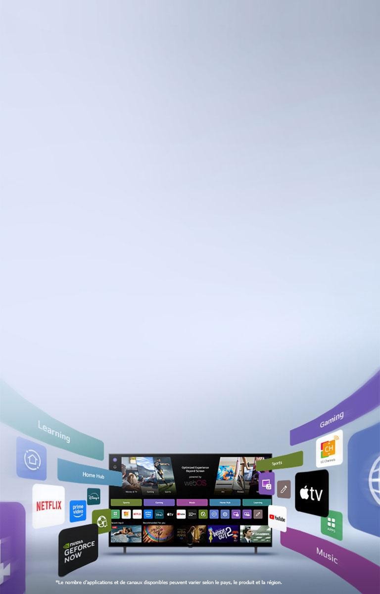LG Smart TV affichant l’écran d’accueil webOS avec des applications de divertissement et des éléments d’interface utilisateur LG Channels qui s’étendent de manière dynamique vers l’extérieur, mettant en valeur plus de 4 000 applications et chaînes internationales.