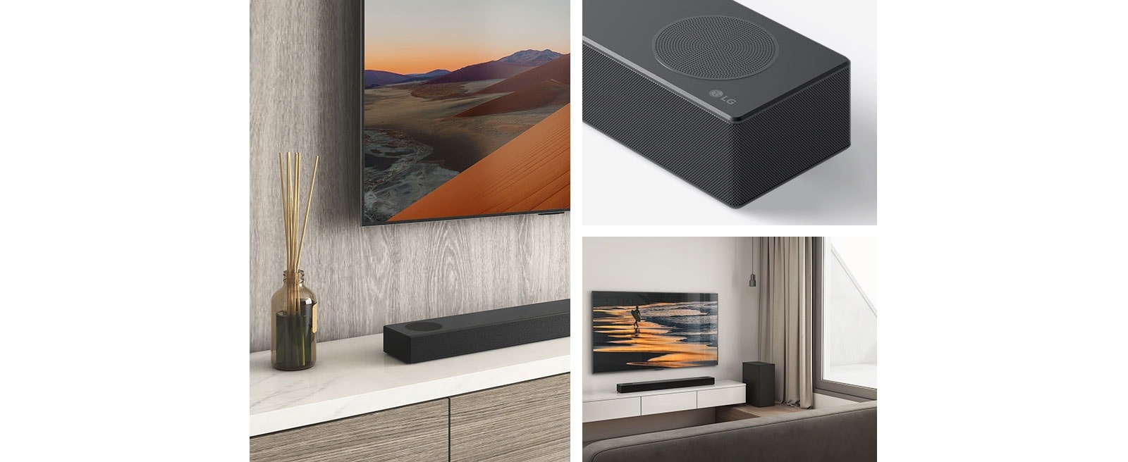 De gauche à droite, une image du haut-parleur arrière, gros plan sur le téléviseur LG, montrant la montagne sur l’écran du téléviseur et la barre de son LG en dessous. À droite, dans le sens horaire de haut en bas : gros plan sur la barre de son LG. Un téléviseur LG, montrant une plage au coucher du soleil, une barre de son LG et un haut-parleur arrière sont installés dans le salon.