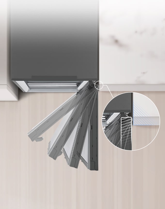 Vue aérienne du réfrigérateur installé à côté du mur avec un dégagement nul de la charnière de la porte.