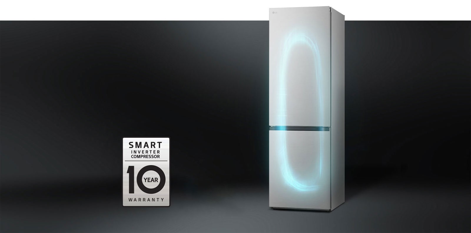 Réfrigérateur LG avec compresseur Smart Inverter, efficacité énergétique classe C, garantie de 10 ans, étiquettes à gauche.