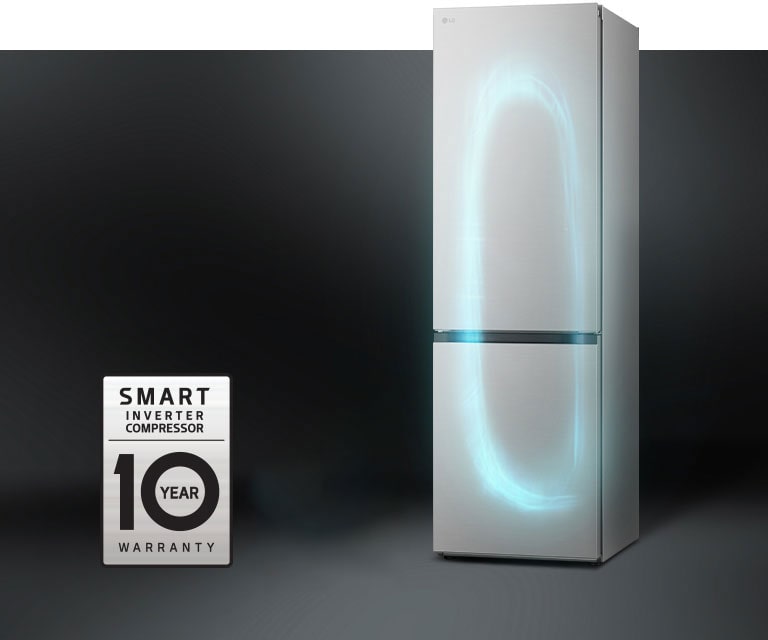 Réfrigérateur LG avec compresseur Smart Inverter, efficacité énergétique classe C, garantie de 10 ans, étiquettes à gauche.