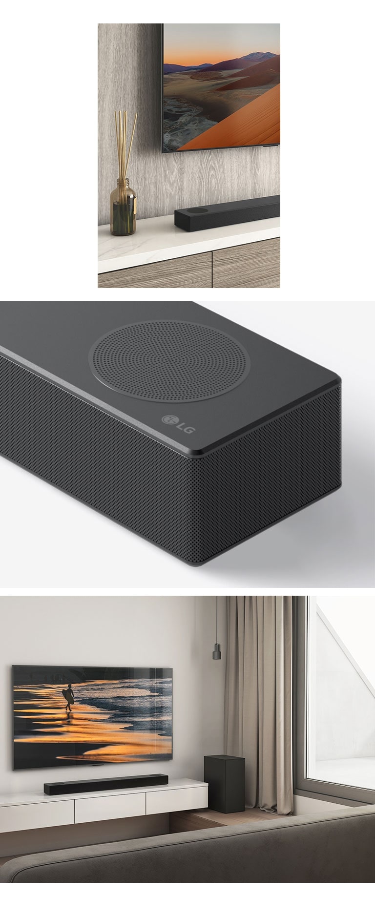 De gauche à droite, une image du haut-parleur arrière, gros plan sur le téléviseur LG, montrant la montagne sur l’écran du téléviseur et la barre de son LG en dessous. À droite, dans le sens horaire de haut en bas : gros plan sur la barre de son LG. Un téléviseur LG, montrant une plage au coucher du soleil, une barre de son LG et un haut-parleur arrière sont installés dans le salon.